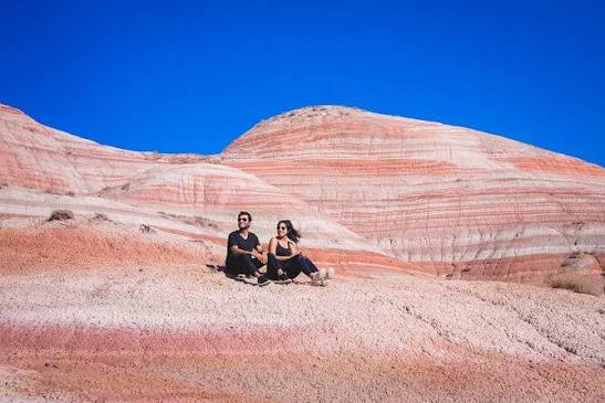 Candy Cane Mountains in Khizi district Azerbaijan with dramatic red and white striped rock formations